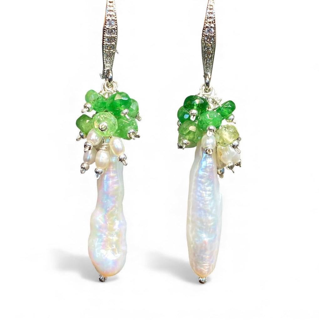 Biwa Pearl Cluster Dangle Earrings:  Tsavorite or Ruby Gemstones, Sterling Silver