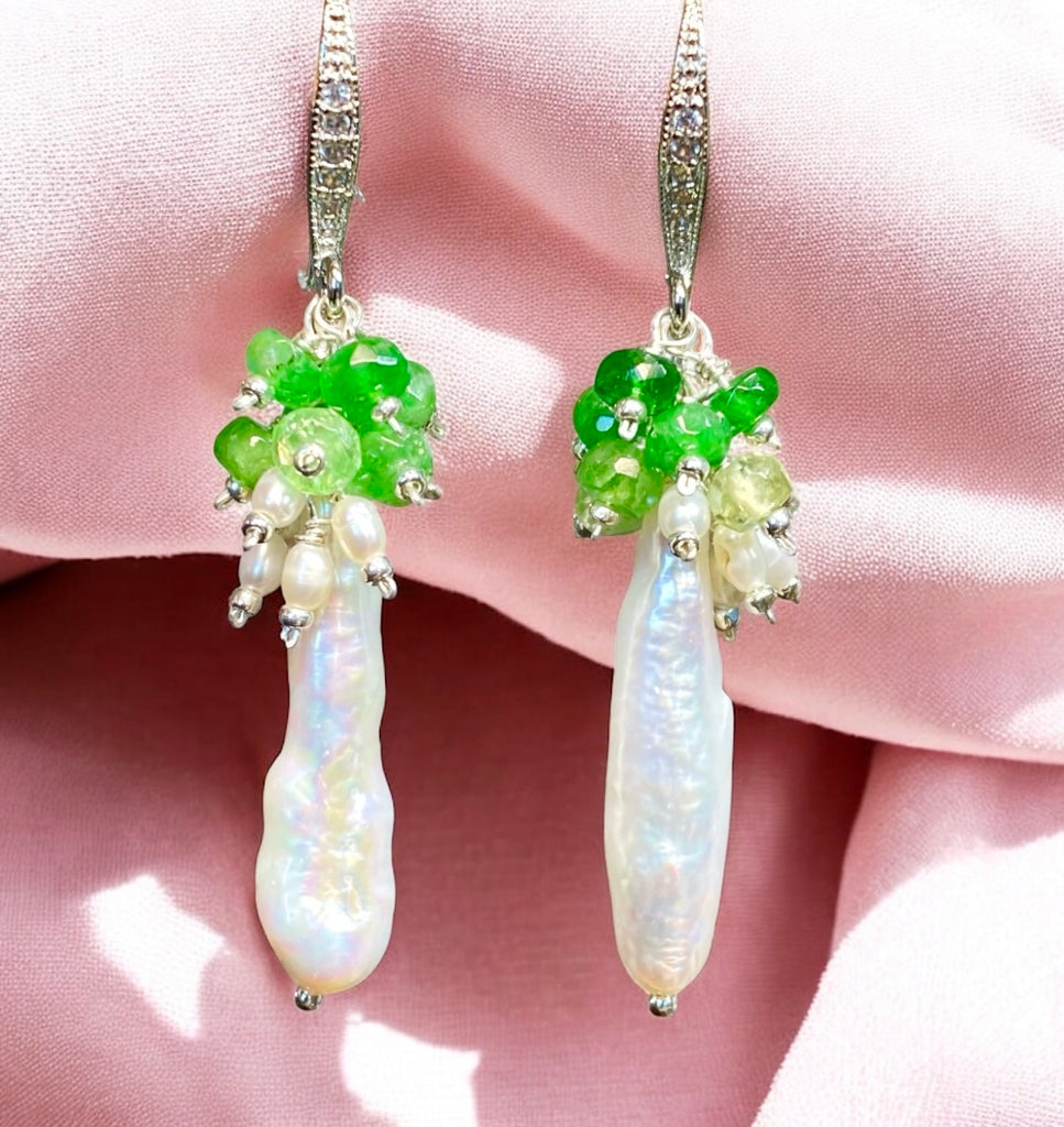 Biwa Pearl Cluster Dangle Earrings:  Tsavorite or Ruby Gemstones, Sterling Silver