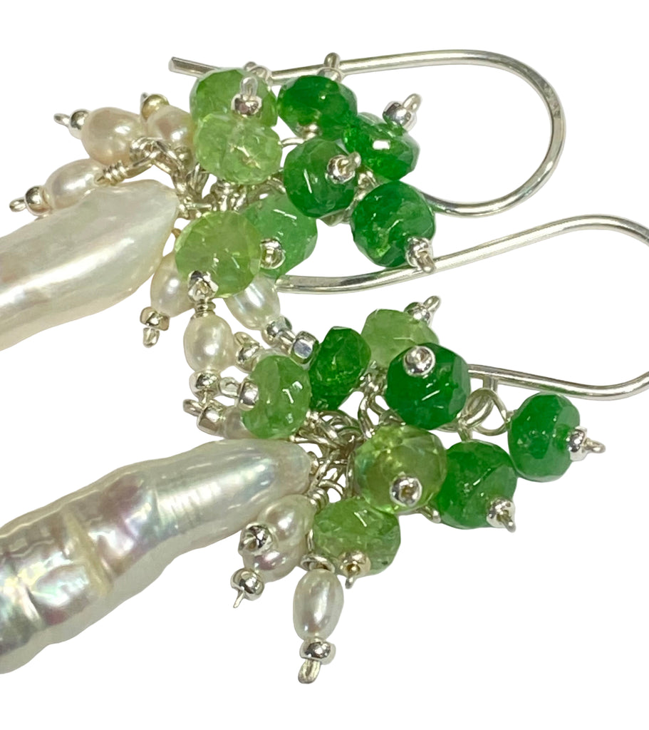 Biwa Pearl Cluster Dangle Earrings:  Tsavorite or Ruby Gemstones, Sterling Silver