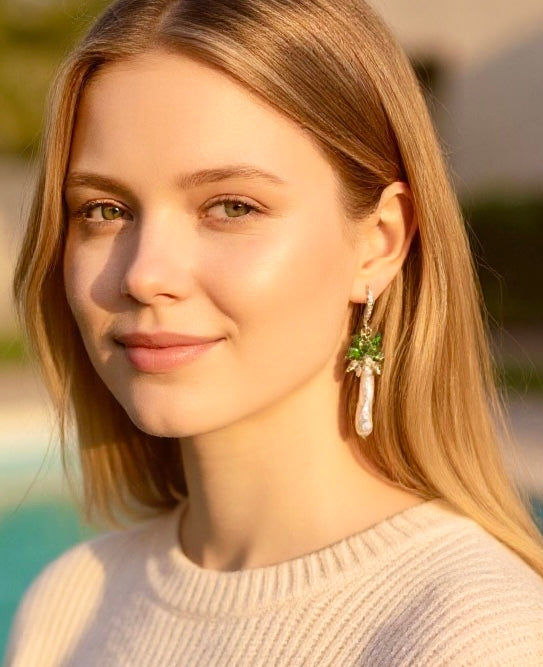 Biwa Pearl Cluster Dangle Earrings:  Tsavorite or Ruby Gemstones, Sterling Silver