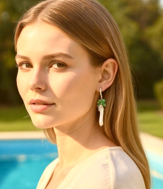 Biwa Pearl Cluster Dangle Earrings:  Tsavorite or Ruby Gemstones, Sterling Silver