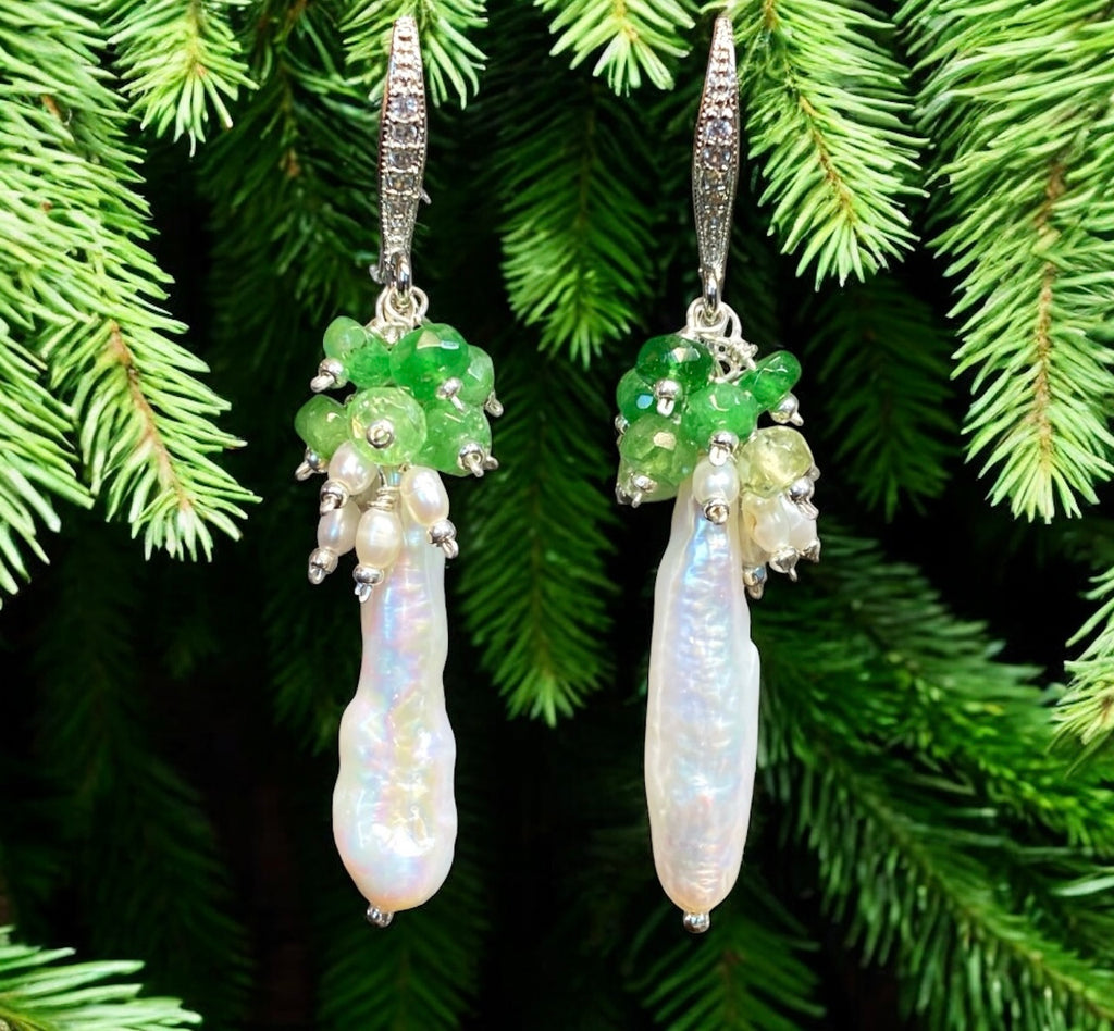 Biwa Pearl Cluster Dangle Earrings:  Tsavorite or Ruby Gemstones, Sterling Silver