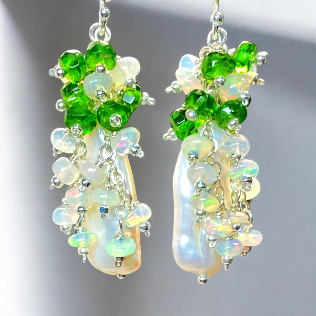 White Biwa Pearl with Chrome Diopside, Opal Clusters, Sterling Silver