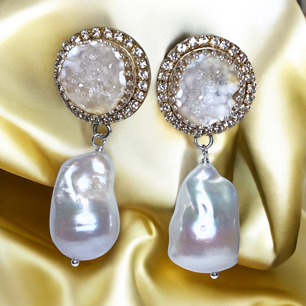 Handmade Ivory White Tabasco Geode Wedding Earrings Post with Baroque Pearl Drops