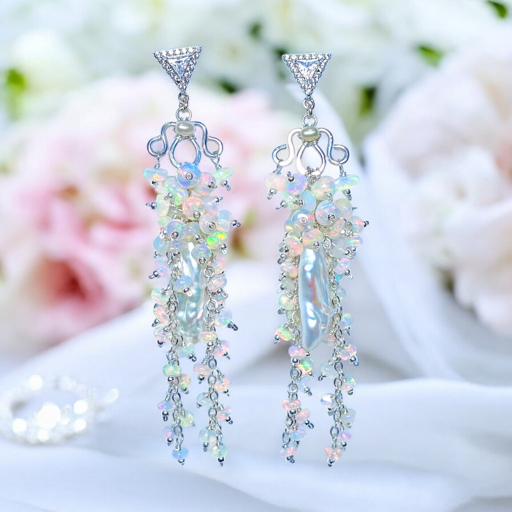 Handmade Bridal Chandelier Earrings with Opals, Sterling Silver 2