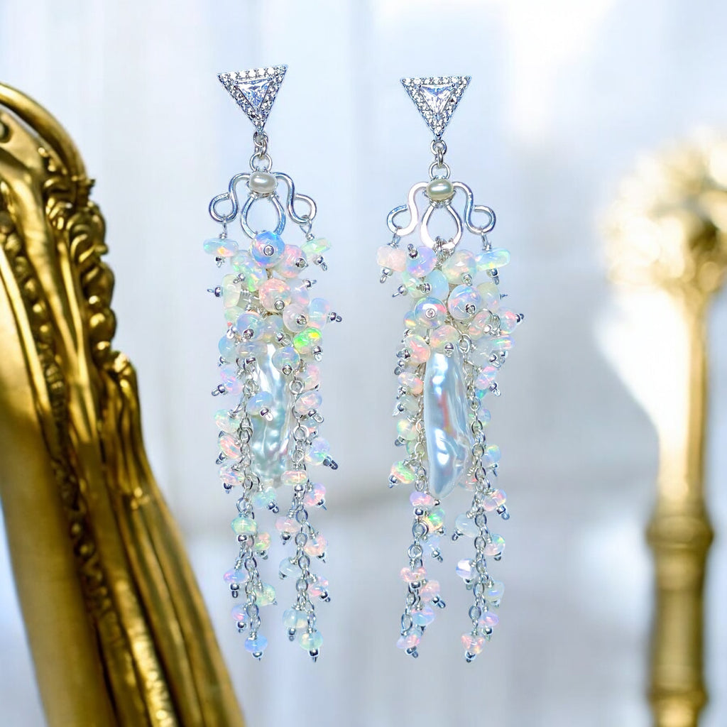 Handmade Bridal Chandelier Earrings with Opals, Sterling Silver 2