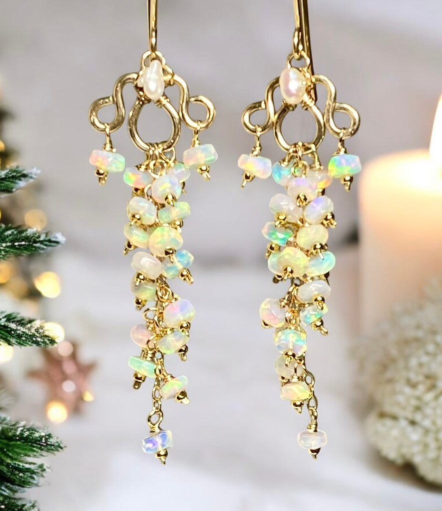 White Ethiopian Opal Chandelier Tassel Earrings Gold Fill