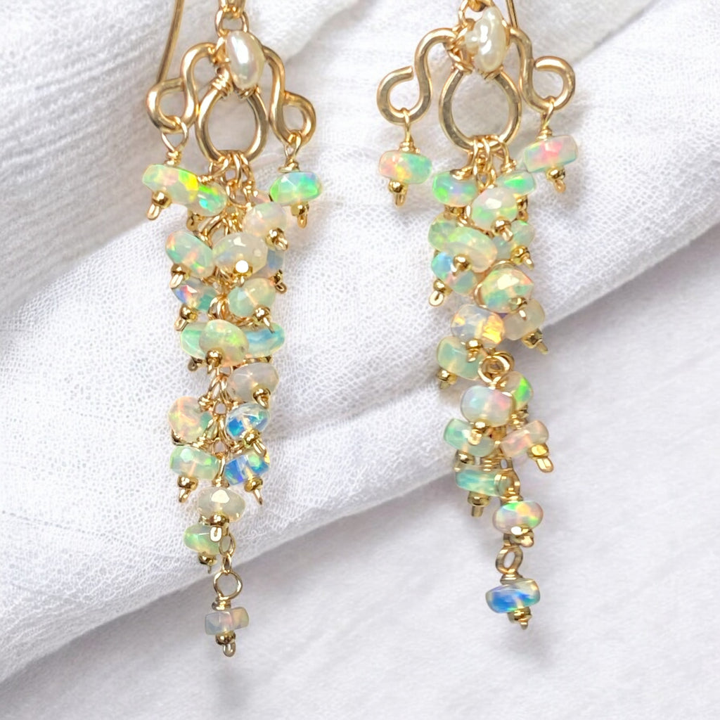 White Ethiopian Opal Chandelier Tassel Earrings Gold Fill