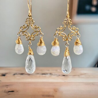 White Sapphire Crystal Quartz Gold Filigree Chandelier Earrings