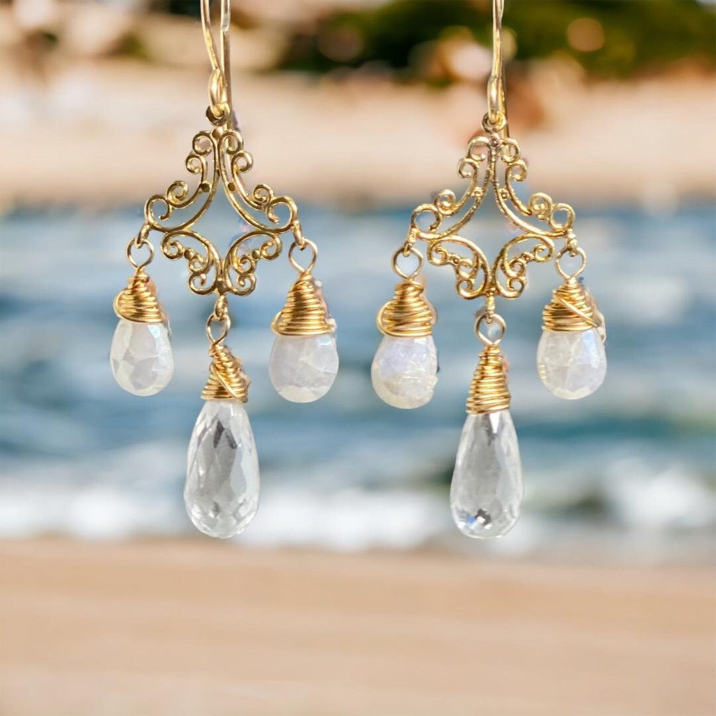 White Sapphire Crystal Quartz Gold Filigree Chandelier Earrings