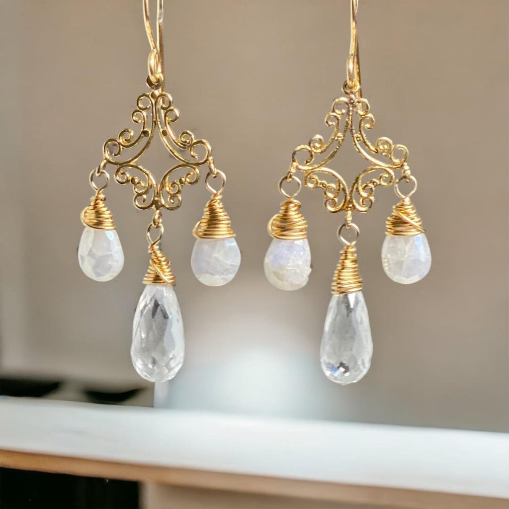 White Sapphire Crystal Quartz Gold Filigree Chandelier Earrings