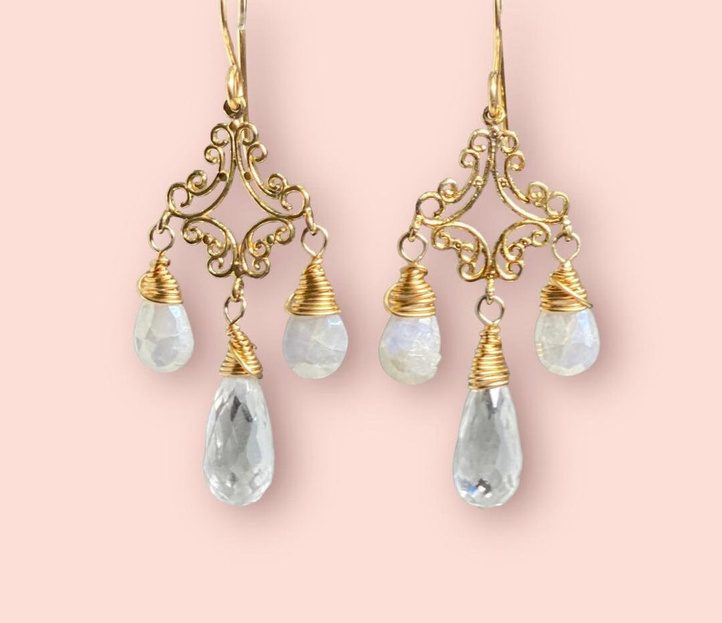 White Sapphire Crystal Quartz Gold Filigree Chandelier Earrings