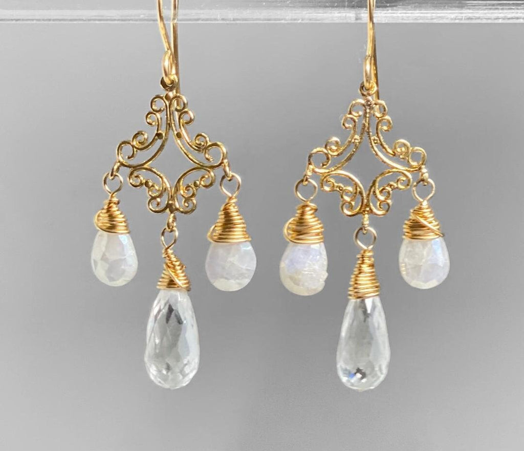 White Sapphire Crystal Quartz Gold Filigree Chandelier Earrings