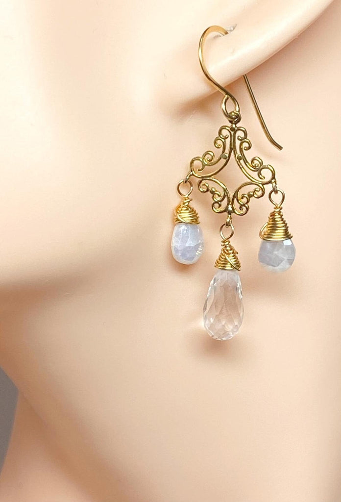 White Sapphire Crystal Quartz Gold Filigree Chandelier Earrings