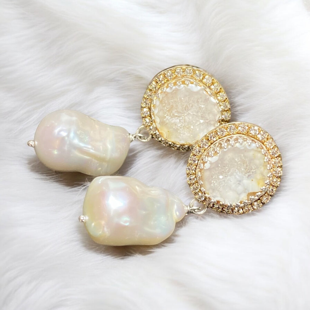 Handmade Ivory White Tabasco Geode Wedding Earrings Post with Baroque Pearl Drops