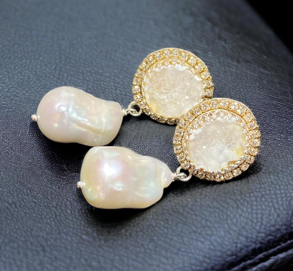 Handmade Ivory White Tabasco Geode Wedding Earrings Post with Baroque Pearl Drops