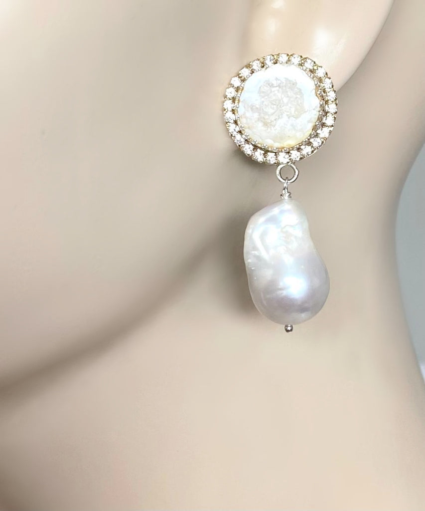 Handmade Ivory White Tabasco Geode Wedding Earrings Post with Baroque Pearl Drops
