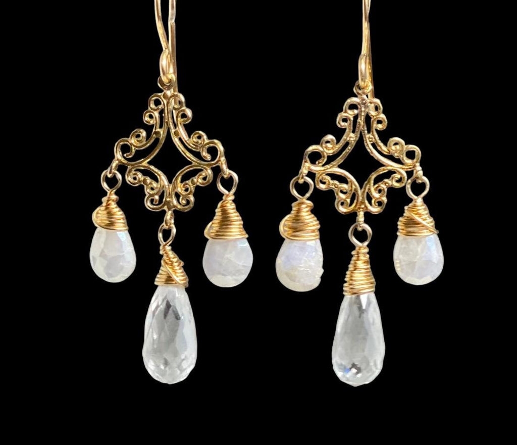 White Sapphire Crystal Quartz Gold Filigree Chandelier Earrings