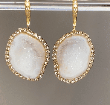 white tabasco geode earrings with Diamond style crystals