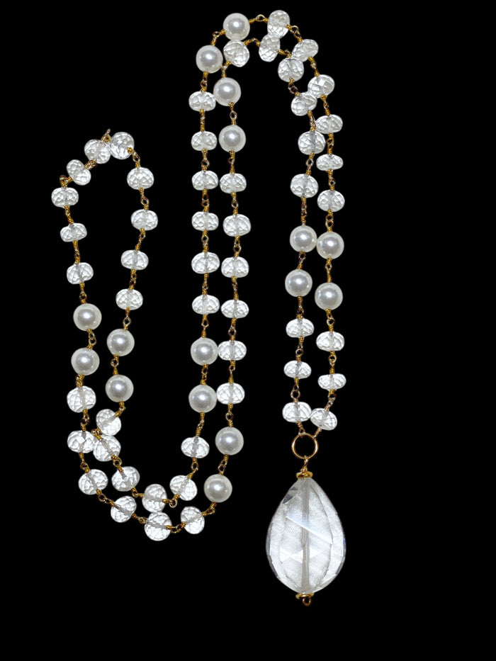 Crystal Quartz Pearl Necklace - Long Statement Wire Wrap Gold Plated
