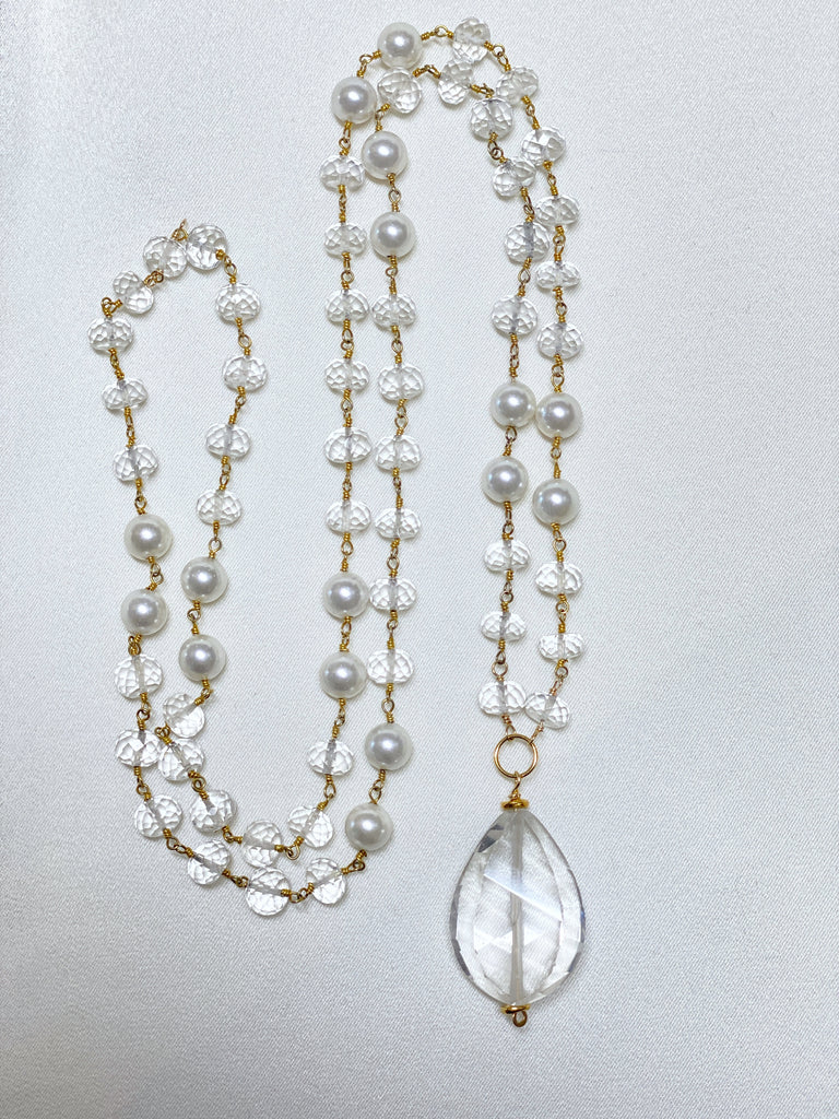 Crystal Quartz Pearl Necklace - Long Statement Wire Wrap Gold Plated