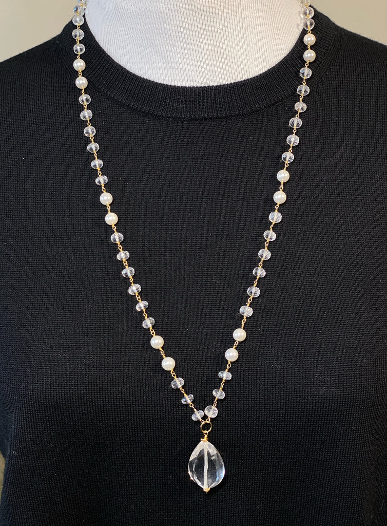 Crystal Quartz Pearl Necklace - Long Statement Wire Wrap Gold Plated
