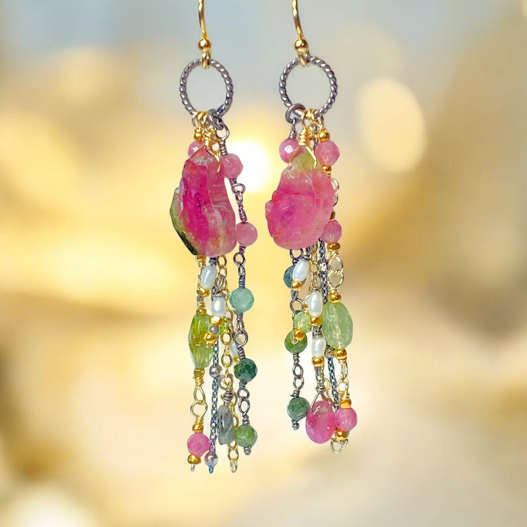 Watermelon Tourmaline Slice Earrings Mixed Metal Dangle Earrings