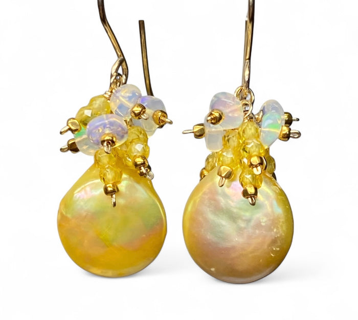 Yellow Coin Pearl Earrings with Opal Clusters Gold Fill