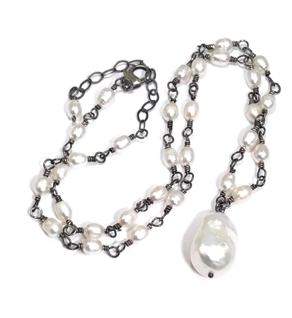 Dainty Baroque Pearl Necklace Wire Wrapped Rosary Style Oxidized Sterling Silver - doolittlejewelry