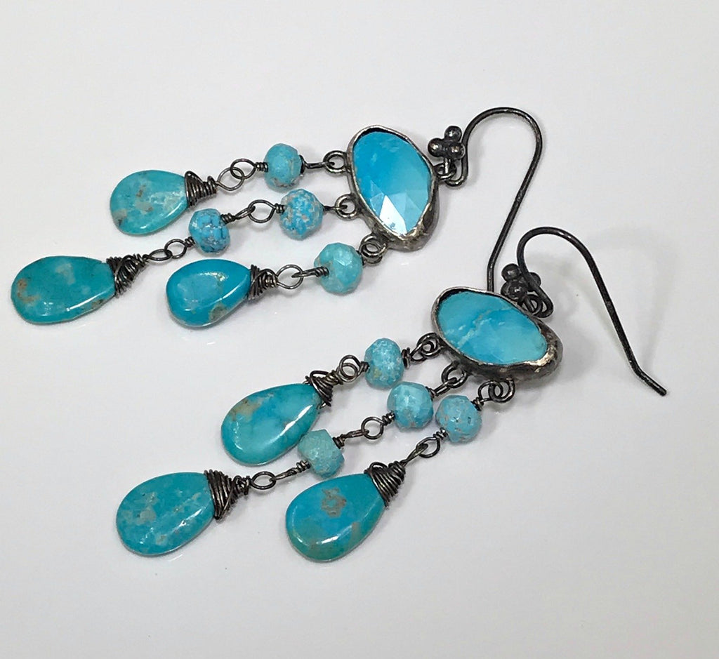 Oxidized Silver Boho Turquoise Chandelier Earrings - doolittlejewelry