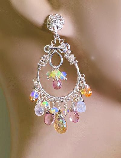 Mystic Citrine Moonstone Opal Pink Topaz Hoop Earrings in Sterling Silver - doolittlejewelry