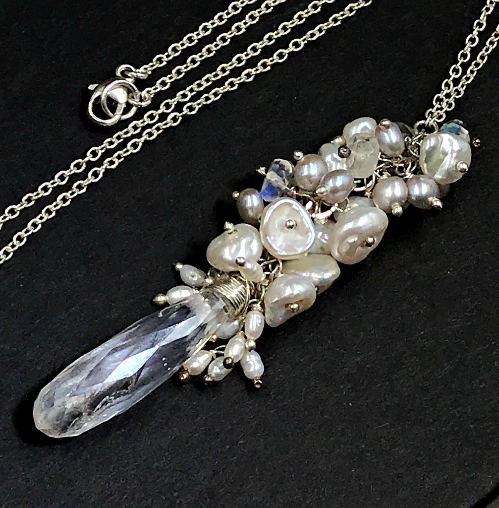 Sterling Silver and Pearl Moonstone Cluster Pendant Wedding Necklace - doolittlejewelry