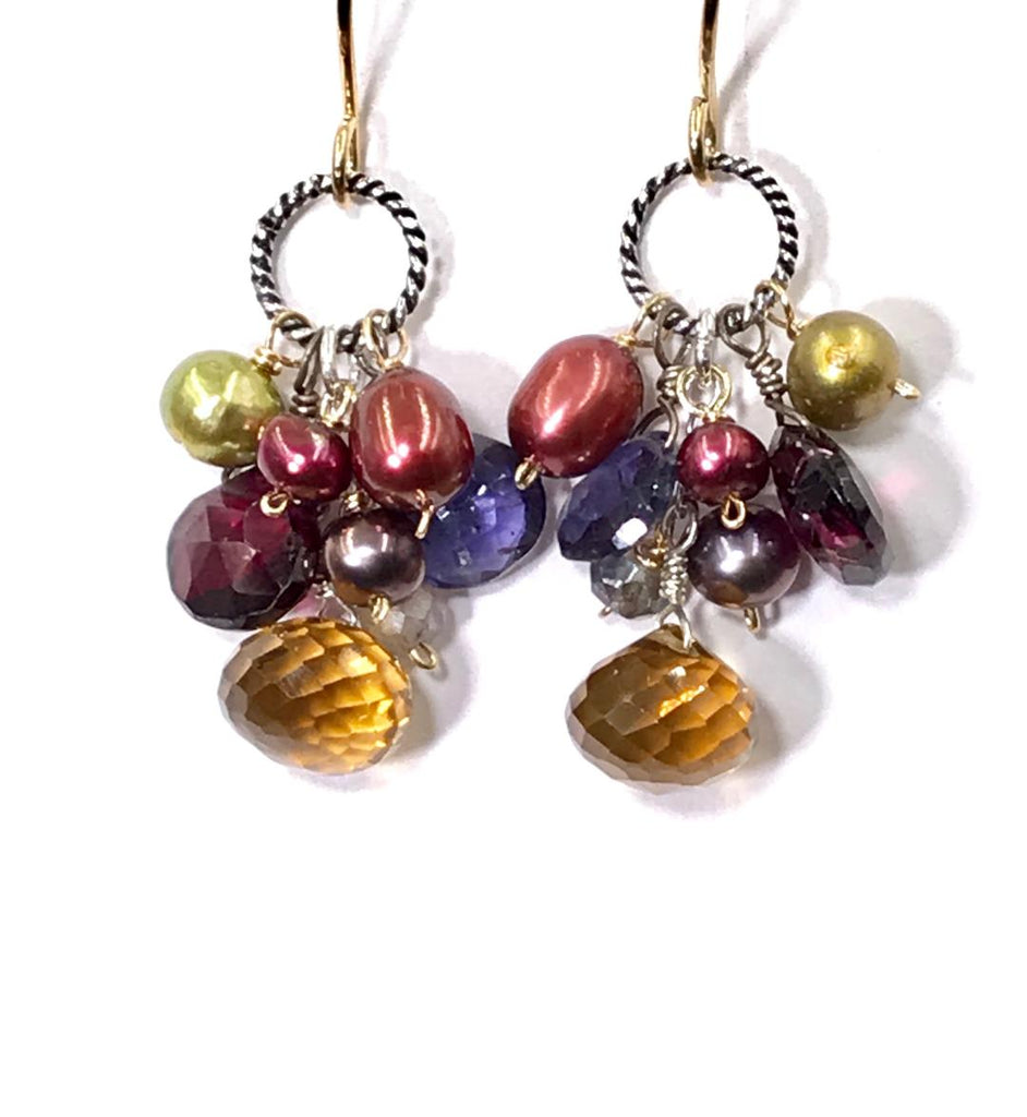 Multicolor Gemstone Dangle Earrings Iolite Garnet Pearl Mixed Metals - doolittlejewelry