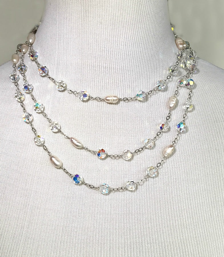 Swarovski Crystal Pearl Long Necklace Wire Wrapped Sterling Silver Sautoir - doolittlejewelry