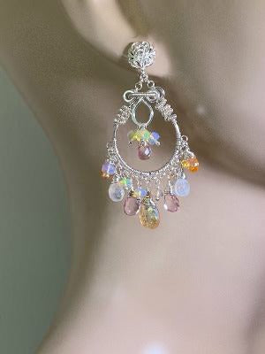 Mystic Citrine Moonstone Opal Pink Topaz Hoop Earrings in Sterling Silver - doolittlejewelry