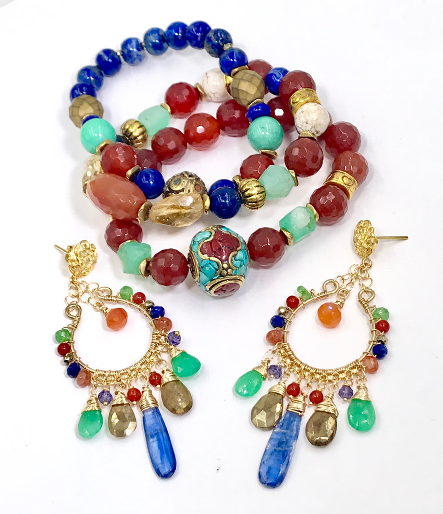 Colorful Chandelier Earrings Gold Fill Kyanite Carnelian Chrysoprase Lapis - doolittlejewelry