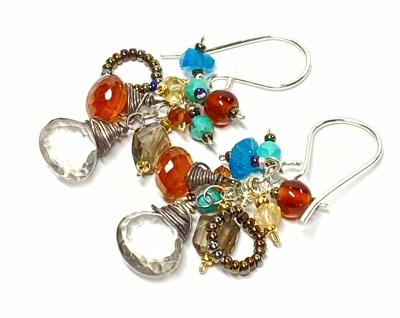 Multicolor Gemstone Dangle Earrings Earth Tone Sterling Silver