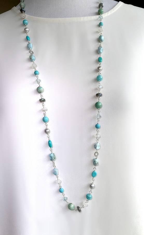 Larimar, Turquoise, Moonstone, Gemstone and Pearl Sterling Silver Necklace - doolittlejewelry