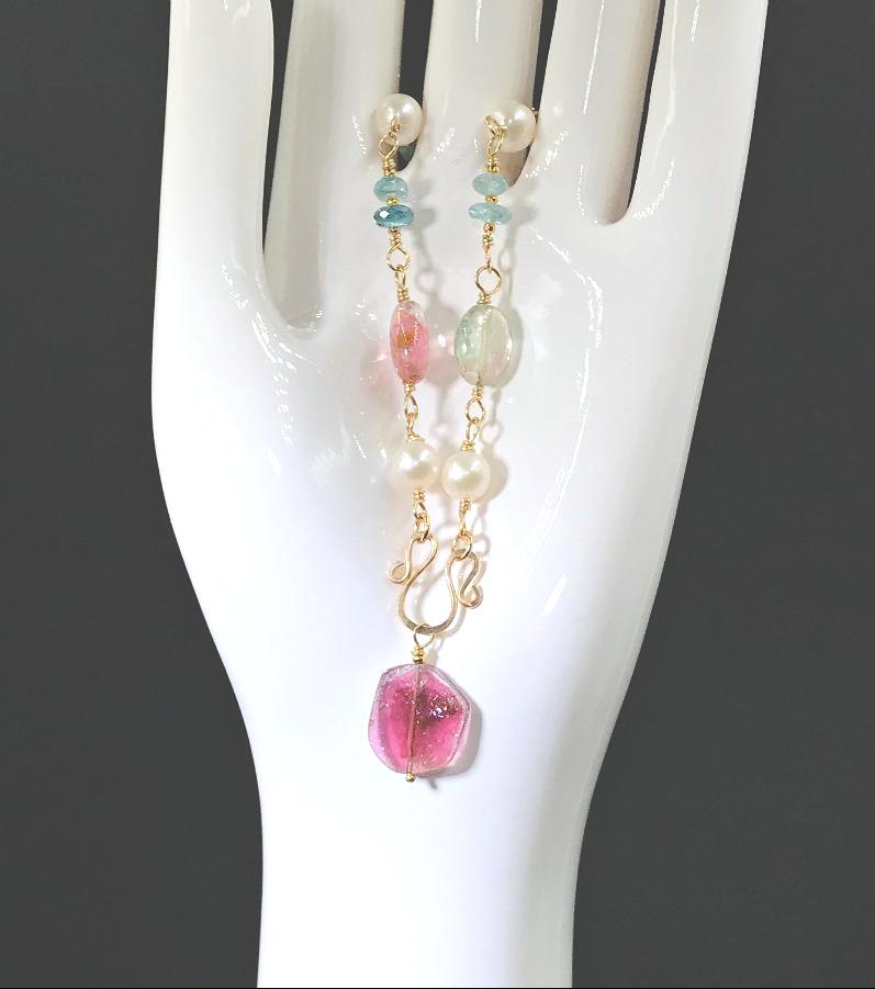 Blue Zircon, Pearls and Pink Watermelon Tourmaline Gold Necklace - doolittlejewelry