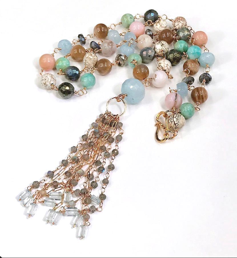 Multi-stone Long Tassel Rose Gold Necklace - doolittlejewelry
