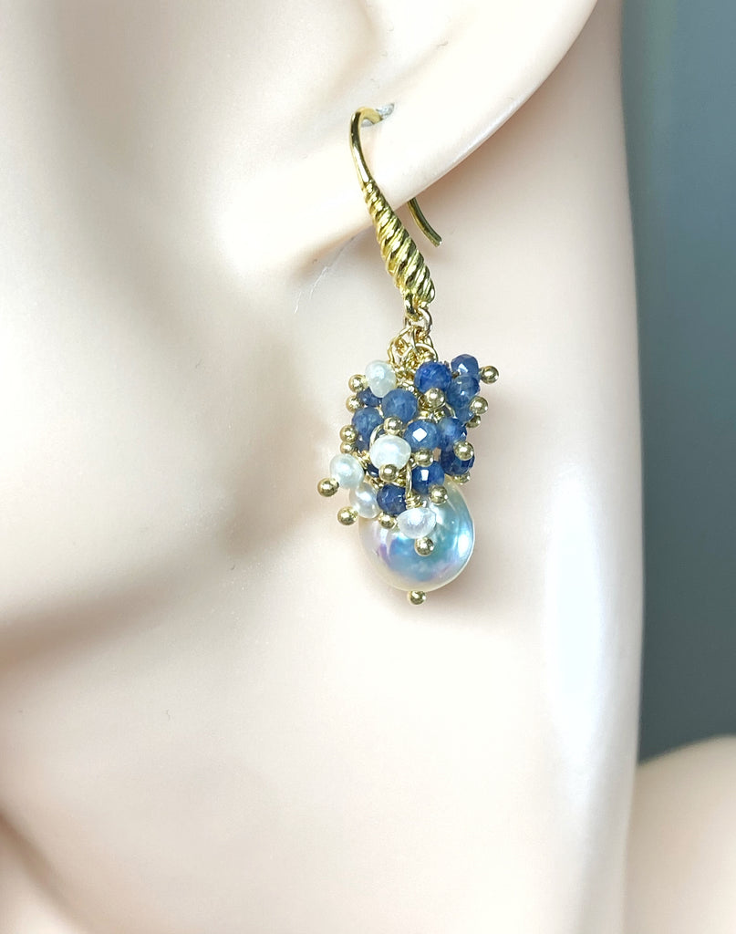 Baroque Edison Pearl and Blue Sapphire Cluster Earrings Gold Fill