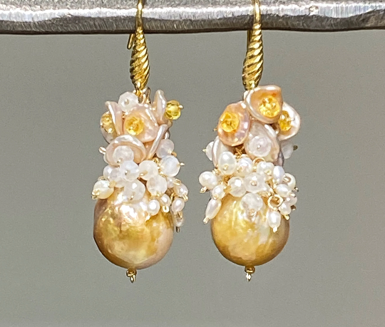 Baroque Pond Slime Pearl Cluster Earring with Yellow Sapphires