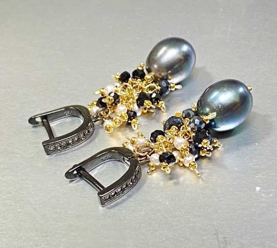 Black Pearl Earrings with White Pearl and Black Spinel Clusters Lever Back
