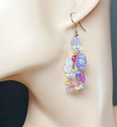 Blush Biwa Pearl Rose Gold Earrings with Scorolite & Lavender Keishi Gemstones