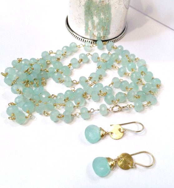 Aqua Chalcedony Long Necklace Gold Layering Rosary Style - doolittlejewelry