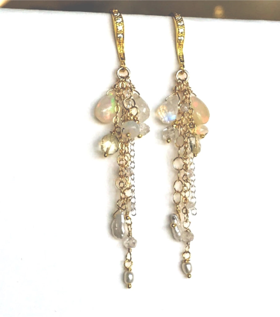 Dainty Opal Dangle Earrings Moonstone Gold & Silver Bridal Earrings - doolittlejewelry