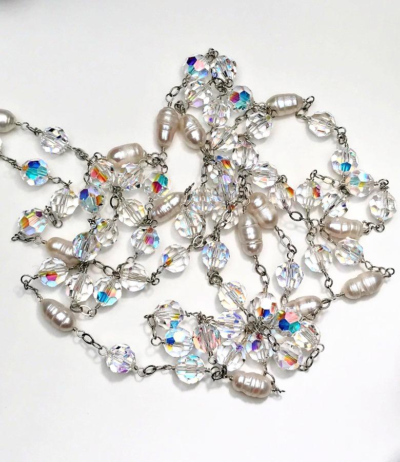 Swarovski Crystal Pearl Long Necklace Wire Wrapped Sterling Silver Sautoir - doolittlejewelry