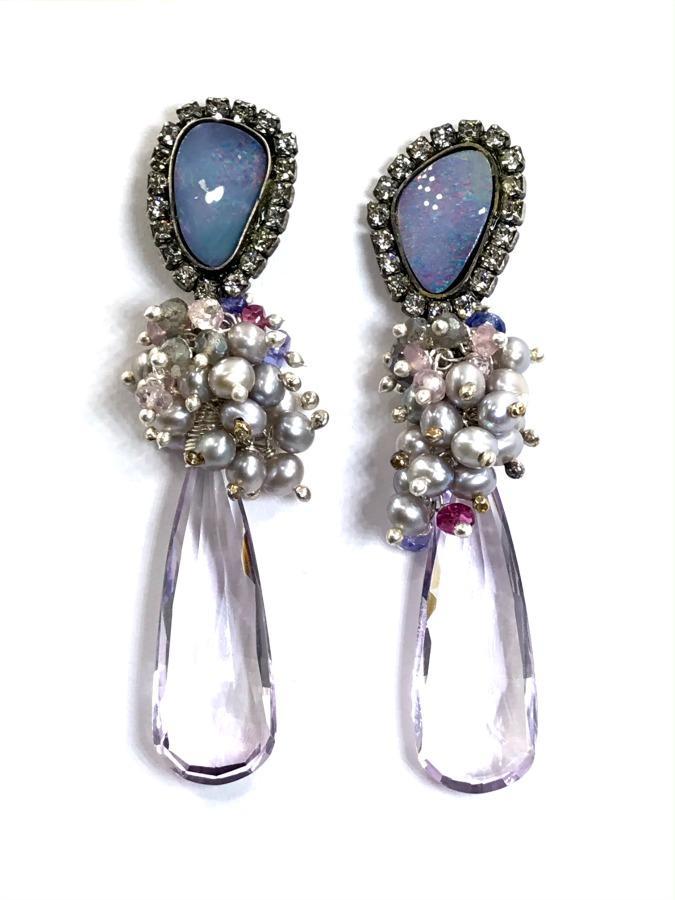 Black Boulder Opal and Diamond Look Bezel Earrings - doolittlejewelry