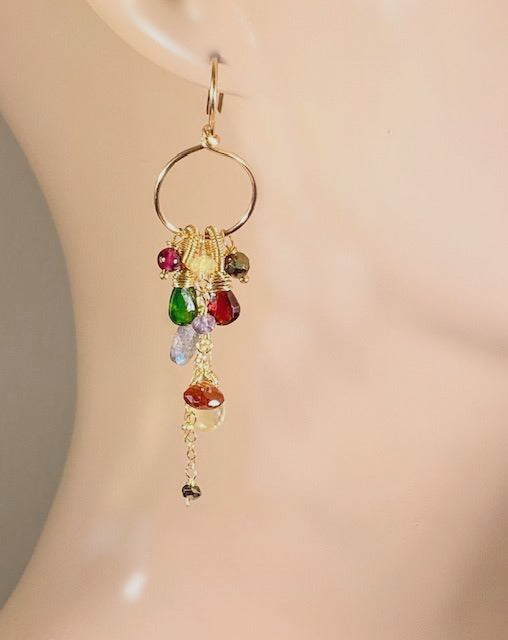 Garnet Colorful Gemstone Gold Hoop Dangle Earrings - doolittlejewelry