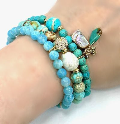 Turquoise, Imperial Jasper, Blue Chalcedony Stretch Stack Bracelet Set of 3 - doolittlejewelry